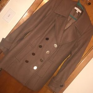 Brown peacoat with gold button accents